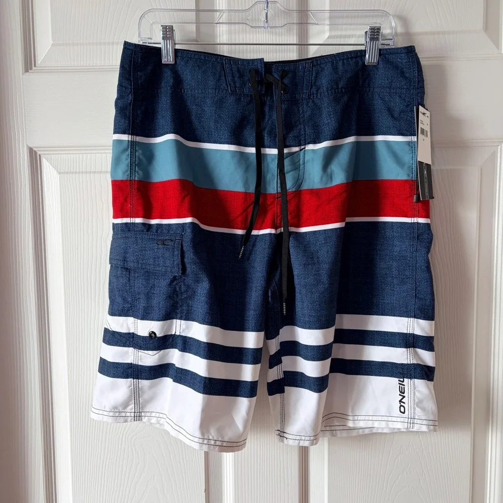 ONeill Mens Halfmoon Board Shorts‎ Navy Blue Red White Striped Size 31 45106013